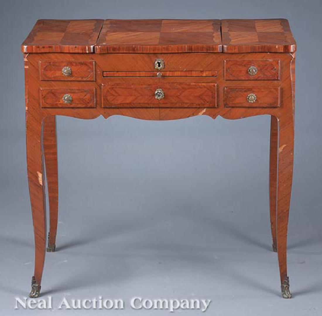 Louis XV-Style Kingwood Poudreuse: Louis XV-Style Kingwood Poudreuse, mid-19th c., serpentine outlined tripartite top opening to a mirrored toilette, configuration of drawers and pullout slide, cabriole legs, brass sabots, h. 29 in., w
