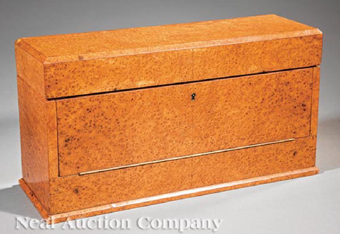 French Burled Wood Decanter Box: French Burled Wood Decanter Box, lockplate marked "Keller/Paris", hinged lid, fall front, h. 10 1/2 in., w. 20 in., d. 6 3/4 in