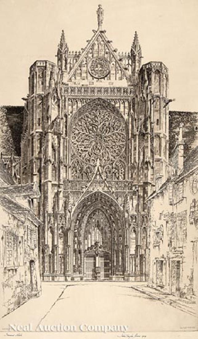 John Taylor Arms (American, 1887-1953): John Taylor Arms (American, 1887-1953), "North Portal, Sens", engraving, signed, titled and dated in plate lower edge, signed, dated and inscribed "Second State" lower margin, 15 in. x 9 in., matted