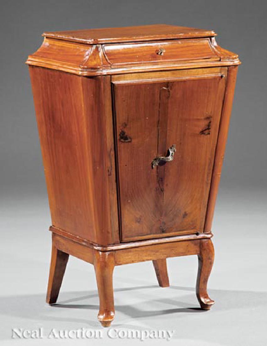 French Carved Walnut Bedside Commode: Antique French Carved Walnut Bedside Commode, sarcophagus top fitted with small drawer, cupboard below, cabriole legs, h. 26 1/2 in., w. 16 1/2 in., d. 11 1/2 in.