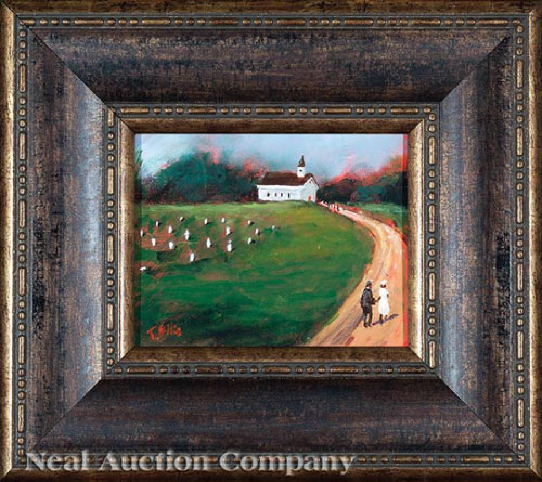 Ted Ellis (American/New Orleans, b. 1963): Ted Ellis (American/New Orleans, b. 1963), "Our Road to Salvation", oil on canvas board, signed lower left, printed artist biography en verso, 8 in. x 10 in., framed