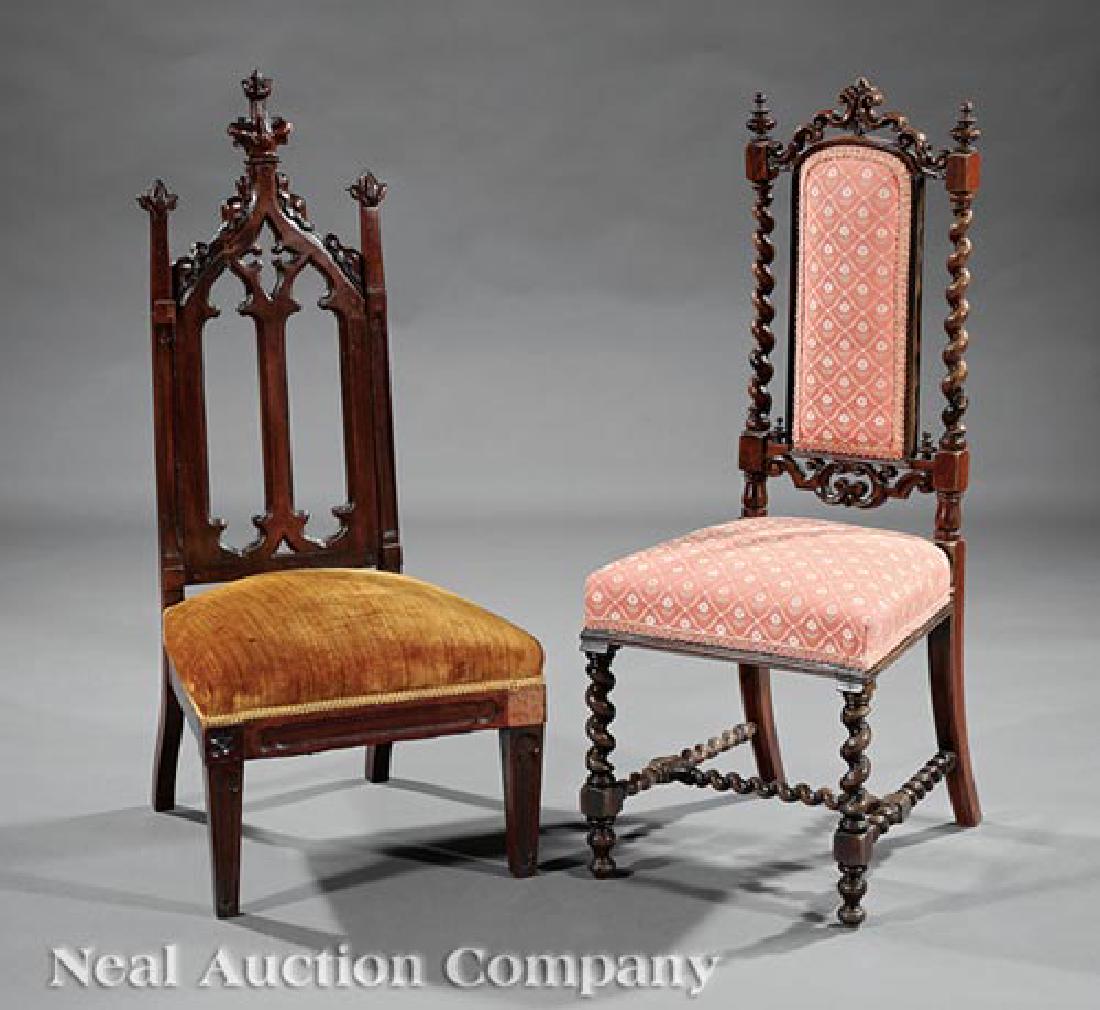 Two American Carved Hardwood Side Chairs: Two Antique Diminutive American Carved Hardwood Side Chairs, one Gothic, other with barley-twist carving. Provenance: Estate of Donald E. Pierce, Greenwood, MS and Santa Fe, NM