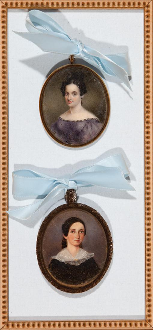 Two Portrait Miniatures of Ladies: Two Portrait Miniatures of Ladies, mid-19th c., probably American, unsigned, approx. 2 1/4 in. x 1 7/8 in., pendant frames. (2 pcs.) Provenance: Estate of Jane and Stewart Maunsell