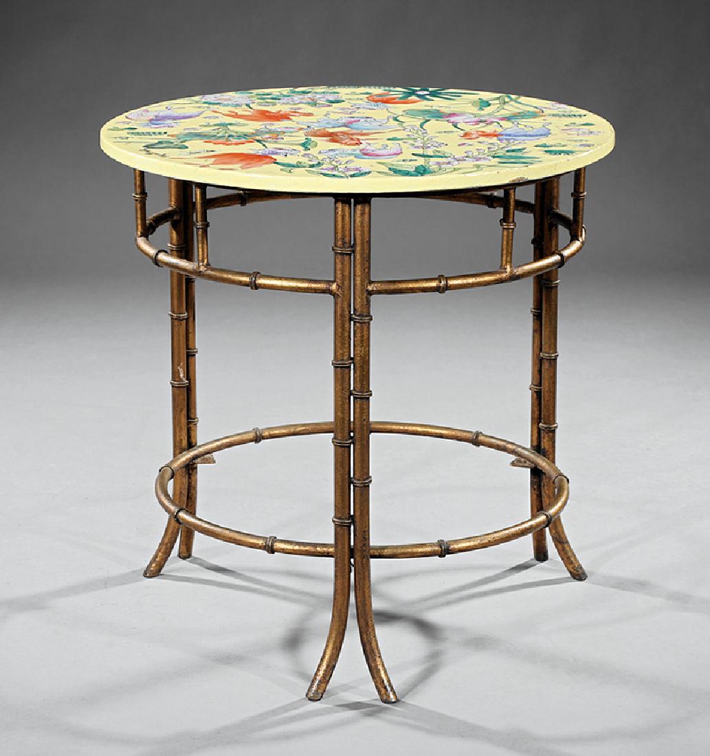 Chinese Porcelain, Gilt Metal Side Table: Highly Decorative Chinese "Famille Jaune" Porcelain and Gilt Metal Side Table, circular top decorated with fish and plants, apocryphal Jiaqing mark, faux bamboo base, probably iron, h. 24 in., dia. 24