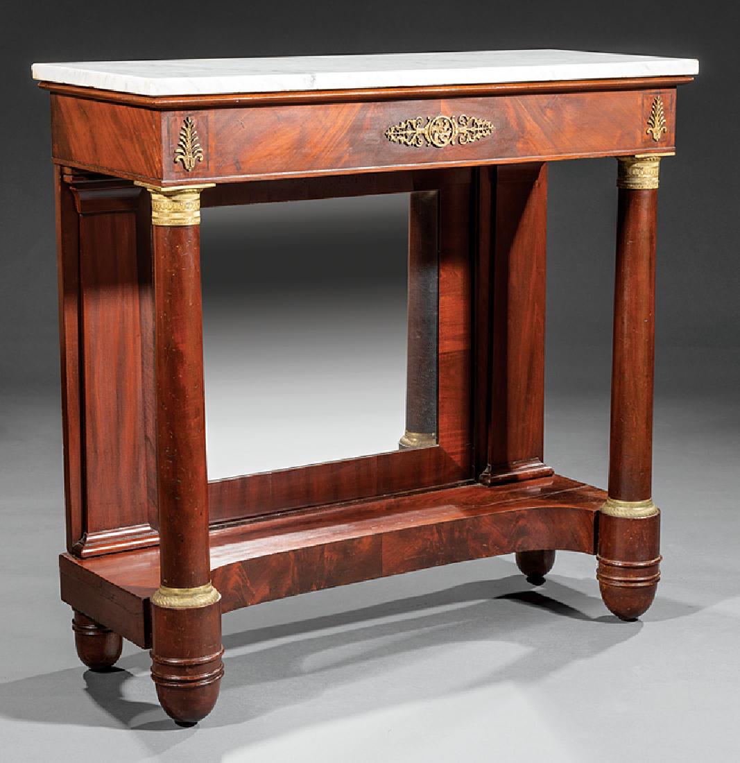 American Classical Ormolu-Mounted Mahoga: Rare American Classical Ormolu-Mounted Mahogany Pier Table in the French Taste, early 19th c., Boston, marble top, mounted frieze, columnar supports, mirrored back flanked by pilasters, turned tapered