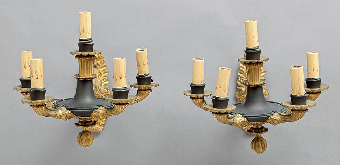Charles X Gilt and Patinated Bronze Sconces: Fine Pair of Charles X Gilt and Patinated Bronze Five-Light Sconces, 19th c., bell form standard, fluted arms ending in masks, electrified, h. 11 1/2 in., w. 11 in., d. 12 1/2 in
