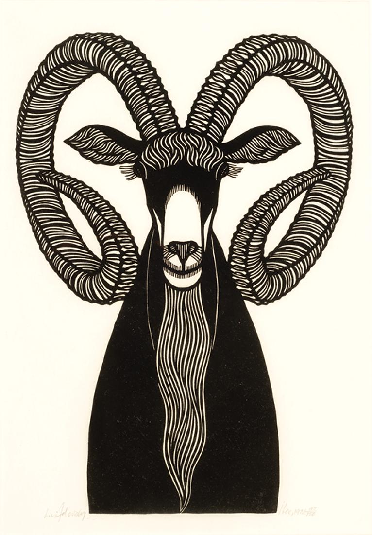 Jacques Hnizdovsky (Ukrainian/American, 1915): Jacques Hnizdovsky (Ukrainian/American, 1915-1985), "Ibex", woodcut, signed, titled, dated and numbered "107/150", 21 1/2 in. x 14 3/4 in., framed. Ill.: Tahir, Abe M., Jr. Hnizdovsky: Woodcuts, 1944-