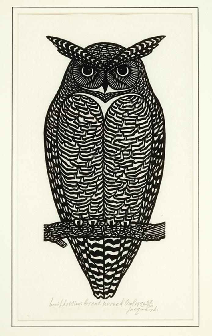 Jacques Hnizdovsky (Ukrainian/American, 1915): Jacques Hnizdovsky (Ukrainian/American, 1915-1985), "Great-Horned Owl", 1973, woodcut, signed, titled, dated and numbered "68/120", 15 3/4 in. x 8 in., framed. Ill.: Tahir, Abe M., Jr. Hnizdovsky: Woo