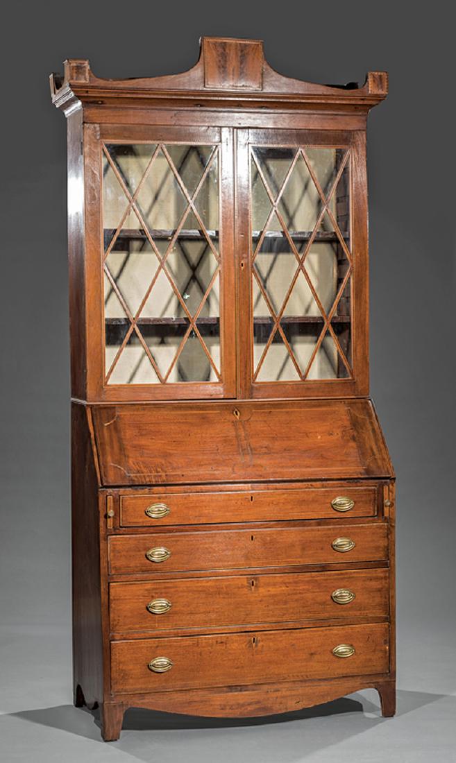 Southern Federal Inlaid Walnut Secretary Bookcase: Southern Federal Inlaid Walnut Secretary Bookcase, c. 1800, Georgia or South Carolina, shaped and blocked cornice, glazed doors enclosing shelf interior, fall-front desk with fitted interior, four gra