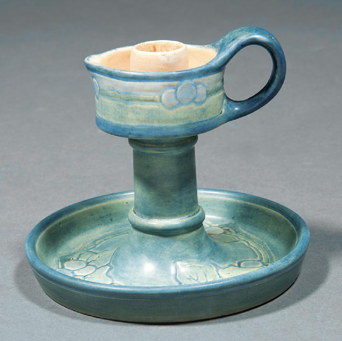Newcomb College Art Pottery Chamberstick: Newcomb College Art Pottery Chamberstick, 1912, decorated by Alma Florence Mason, candle cup and base with relief-carved band of blueberries and foliage, semi-matte glaze with blue and green underglaz