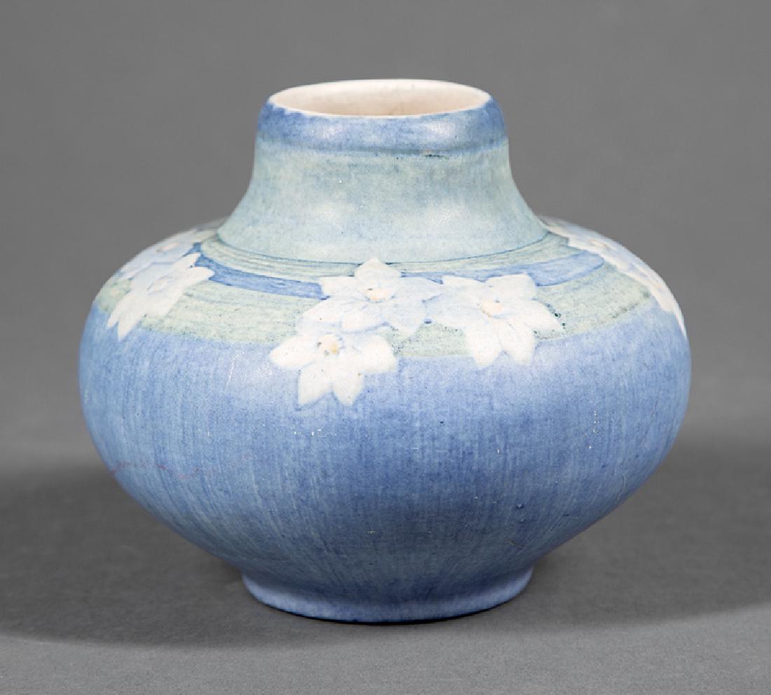 Newcomb College Art Pottery Vase: Newcomb College Art Pottery Vase, 1915, decorated by Alma Florence Mason with relief-carved narcissus motif, matte glaze with blue, green, white and yellow underglaze, base marked with Newcomb cipher,