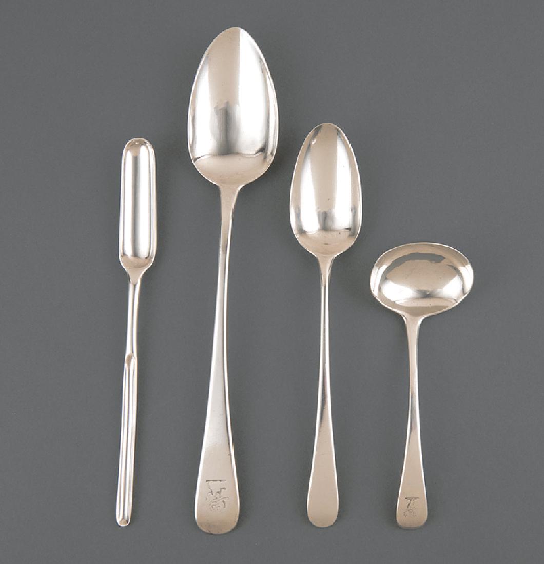 Group of Georgian Sterling Silver Flatware: Group of Georgian Sterling Silver Flatware, various London makers, incl. a marrow scoop, James Wilks, 1744 (l. 9 in.), stuffing spoon, Sarah & John William Blake, 1818 (l. 11 5/8 in.), 5 tablespoons,