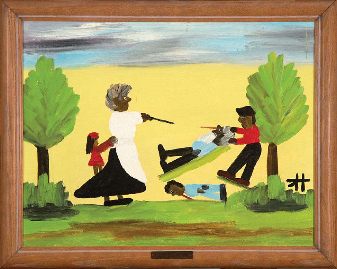 Clementine Hunter (American/Louisiana, 1886-1988): Clementine Hunter (American/Louisiana, 1886-1988), "Family Brawl", oil on canvas board, monogrammed lower right, 14 in. x 18 in., framed