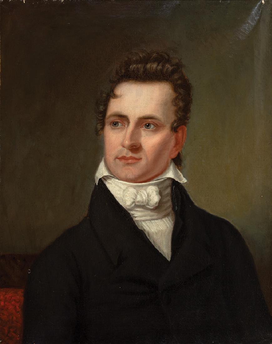 Eliab Metcalf (American/Massachusetts, 1785-1834): Eliab Metcalf (American/Massachusetts, 1785-1834), "Portrait of Theodoric Romeyn Beck", oil on canvas, signed and titled en verso, 28 in. x 22 in., framed. Provenance: Neal Auction Company, Oct. 13, 2