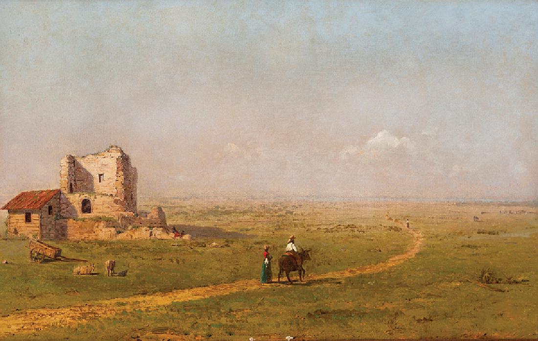 John Bunyan Bristol (American, 1826-1909): John Bunyan Bristol (American, 1826-1909), "A Ruined Building in an Upland Landscape, near an Andean Lake (possibly Alto, Peru)", oil on canvas, unsigned, artist label en verso, 18 in. x 30 in., frame