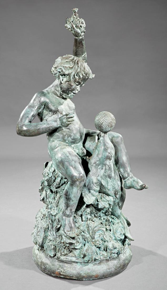 Verdigris Patinated Bronze Figural Fountain: Continental Verdigris Patinated Bronze Figural Fountain, putto and dolphin on foliate and floral base, h. 51 in., dia. 22 in