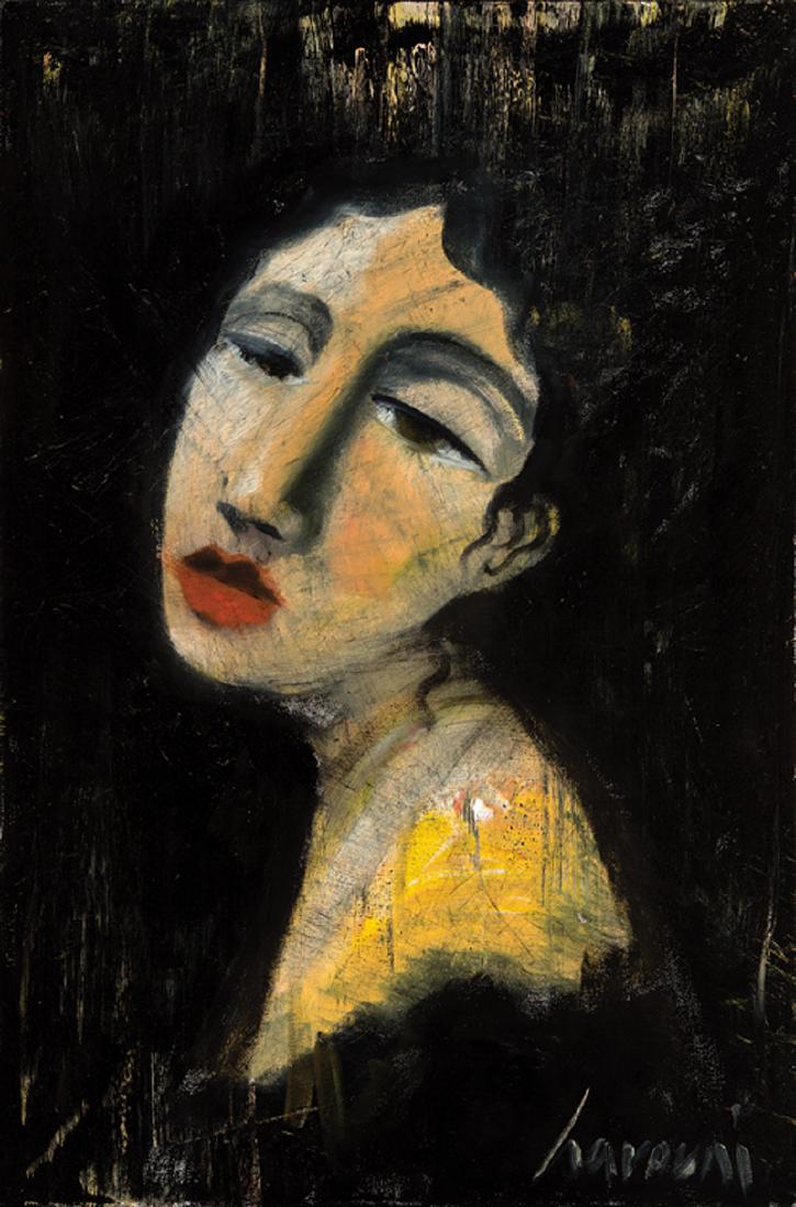 David Harouni (Iranian/New Orleans, b. 1962): David Harouni (Iranian/New Orleans, b. 1962), "Untitled (Woman in Yellow)", oil on gallery-wrapped canvas, signed lower right, 36 in. x 24 in., unframed