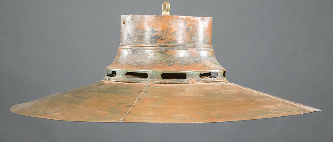 Three French Industrial Copper and Tin Lanterns: Three French Industrial Copper and Tin Lanterns, 20th c., copper canopy, riveted tin shade, h. 9 in., dia. 27 1/2 in. Provenance: Bremermann Designs, 3943 Magazine St., New Orleans