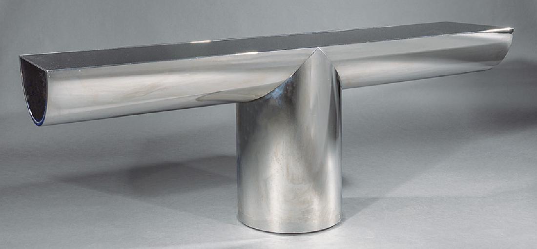 J. Wade Beam for Breuton Steel and Glass Console: J. Wade Beam for Breuton Stainless Steel and Glass "Tee" Console, c. 1985, Freeport, NY, cylindrical base, cantilevered arms, Vitrolite colored glass, h. 31 in., w. 84 in., d. 18 in
