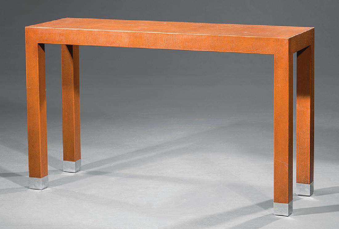 Karl Springer Embossed Leather Console Table: Karl Springer (1931-1991) Embossed Leather Console Table, 20th c., Karl Springer Ltd. leather label, chrome feet, h. 29 in., w. 48 in., d. 15 in