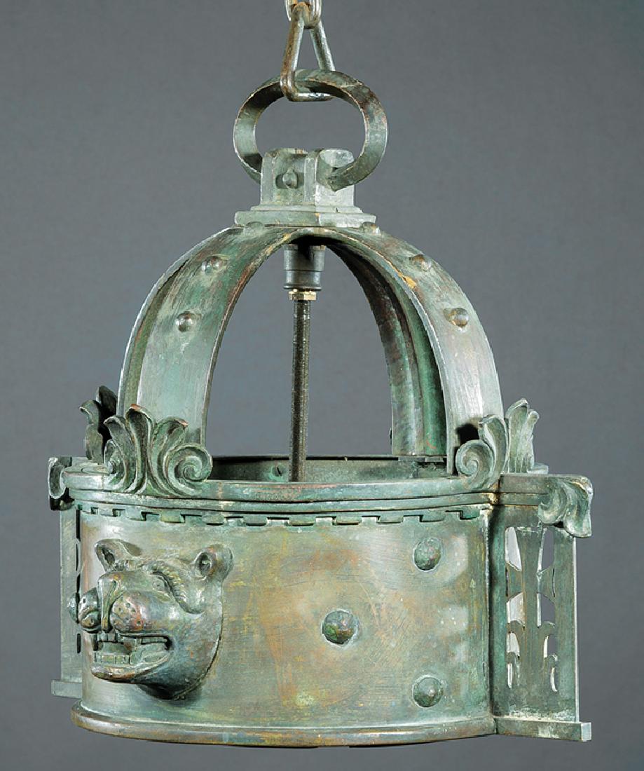 Continental Bronze Hall Lantern: Continental Bronze Hall Lantern, 19th c., crown form, mounted with lion masks and cross brackets, electrified, h. 15 in., dia. 14 in