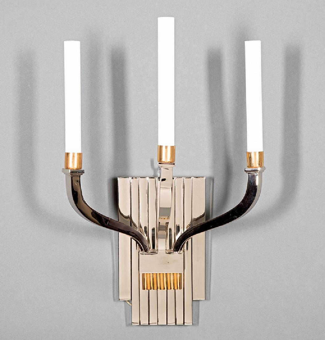 Pair of Art Deco-Style Three-Light Sconces: Pair of Art Deco-Style Three-Light Sconces, chrome plated, with "gold" accents, electrified, h. 20 in., w. 13 in., d. 7 1/2 in. Provenance: Bremermann Designs, 3943 Magazine St., New Orleans
