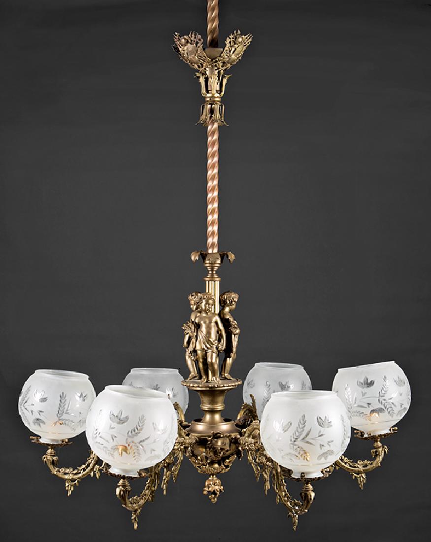 American Renaissance-Style Bronze Chandelier: American Renaissance-Style Bronze Six-Light Chandelier, 20th c., standard with addorsed cherubs, foliate arms, interspersed with busts of helmeted soldiers, h. 48 in., dia. 36 in