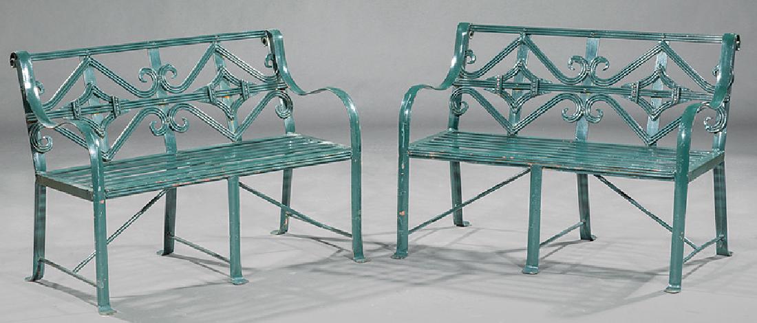 Pair of Neoclassical Cast Iron Garden Settees: Pair of Neoclassical Cast Iron Garden Settees , h. 38 in., w. 60 in., d. 21 in