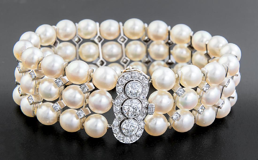 Gold, Cultured Pearl and Diamond Bracelet: White Gold, Cultured Pearl and Diamond Triple Strand Bracelet, featuring 60 7-7.5 mm creamy pinkish white salt water pearls, divided in columns by gold bars set with 38 round brilliant-cut diamonds, c