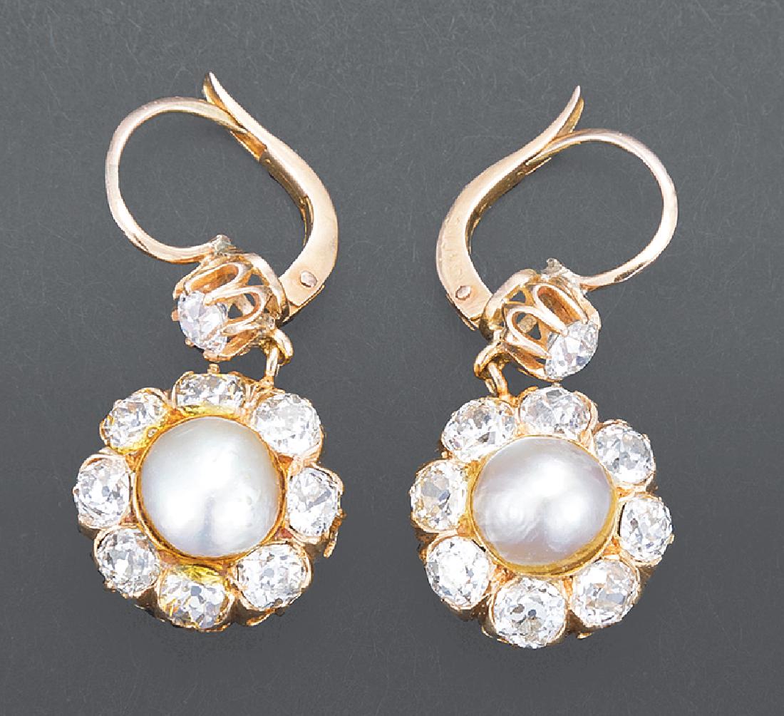 18 kt. Gold, Old Mine Diamond, Pearl Earrings: Pair of Antique 18 kt. Yellow Gold, Old Mine Diamond and Oriental Pearl Cluster Earrings, 18 Old Mine diamonds approx. 4.50 cts. total