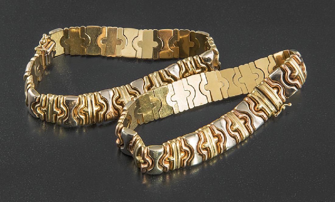 Tricolor Gold Flexible Hollow Link Bracelets: Pair of 18 kt. Tricolor Gold Flexible Hollow Link Bracelets, convertible to choker necklace, wt. 46 dwt