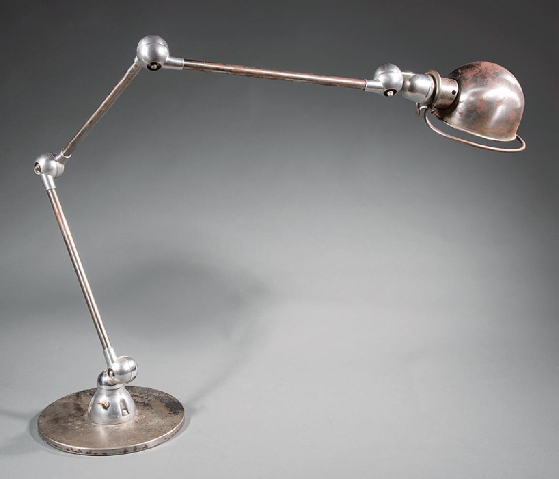 Vintage French Industrial "Zig-Zag" Lamp: Vintage French Industrial "Zig-Zag" Lamp, c. 1950, probably by Jielde, Lyon, designed by Jean-Louis Domecq, articulated arm, weighted steel base, tallest h. 62 in