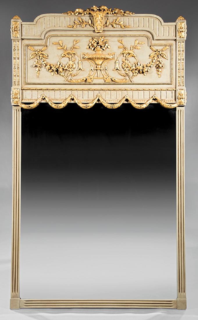 Italian Painted and Parcel Gilt Overmantel Mirror: Italian Neoclassical-Style Painted and Parcel Gilt Overmantel Mirror, shaped cornice, upper panel with foliate and floral swag decoration centered by an urn, fluted surround, h. 86 in., w. 50 in.