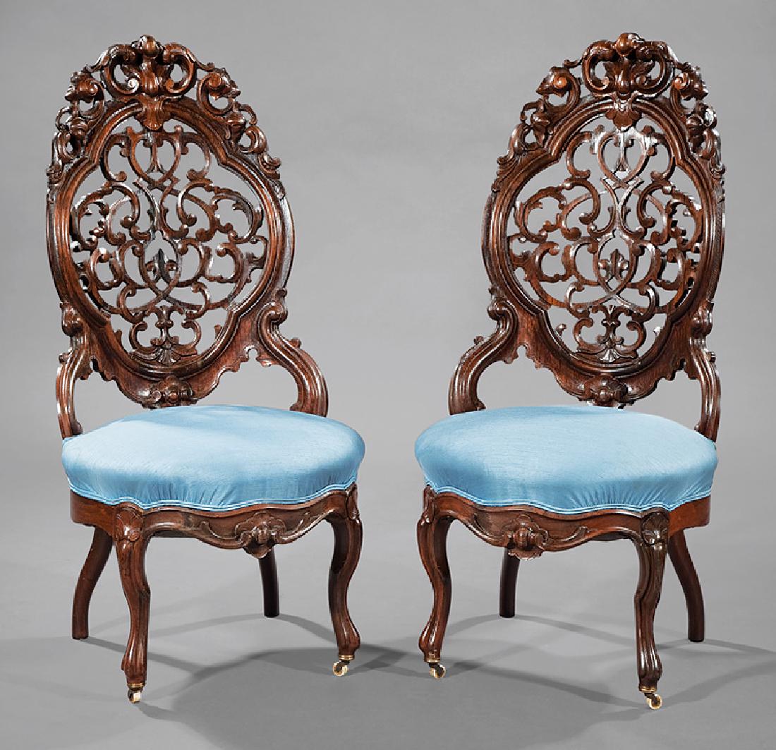 Carved and Laminated Rosewood Side Chairs: Pair of American Rococo Carved and Laminated Rosewood Side Chairs, New York, scrolled acanthus crest, elaborately reticulated back, round seat, serpentine apron, cabriole legs, casters, h. 41 in., w. 