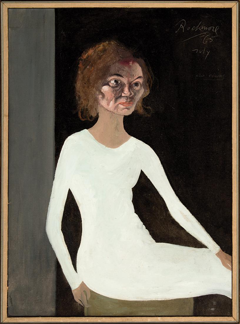 Noel Rockmore (American/New Orleans, 1928-1995): Noel Rockmore (American/New Orleans, 1928-1995), "Lady in White (Portrait of Earlee Dedeau)", 1965, oil on canvas, signed and inscribed "July 1965 New Orleans" upper right, "8th Delta 1965" exhibition
