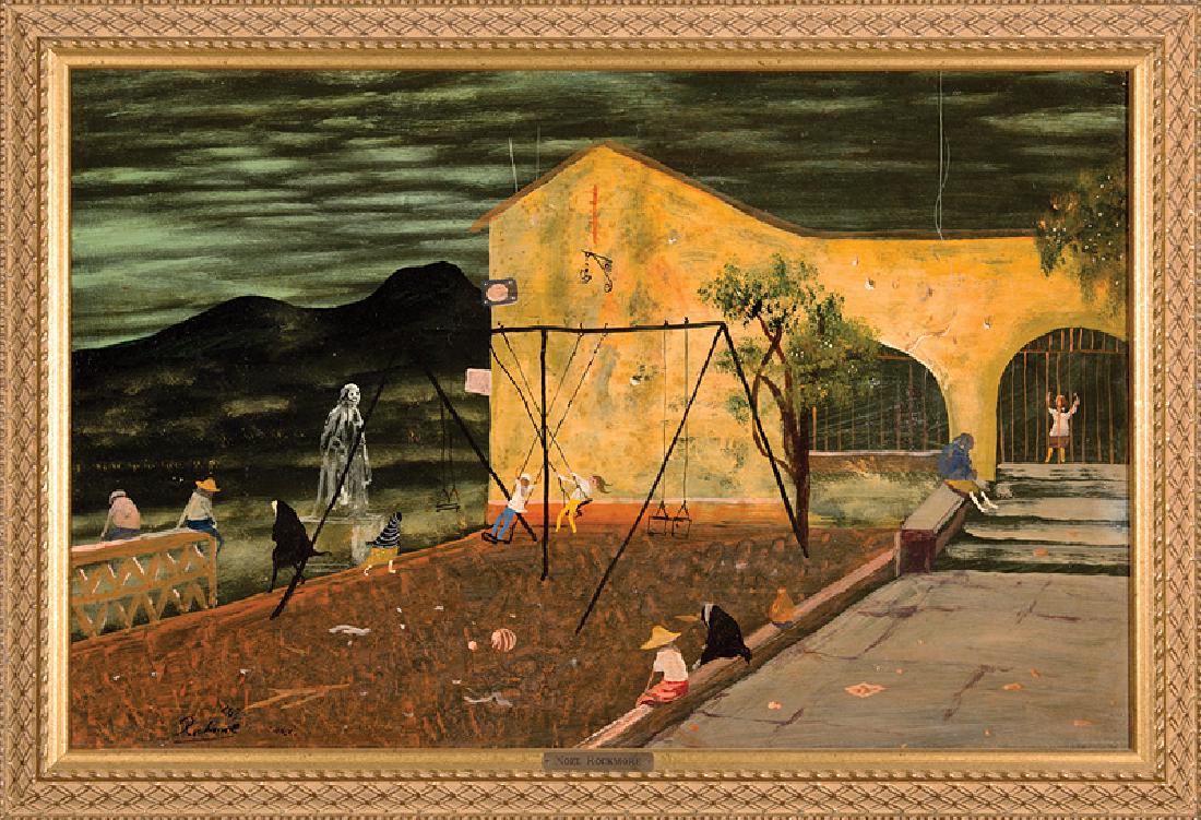 Noel Rockmore (American/New Orleans, 1928-1995): Noel Rockmore (American/New Orleans, 1928-1995), "Playground in Mexico", 1963, oil on board, signed, dated and inscribed "Mex." lower left, 16 in. x 25 in., framed
