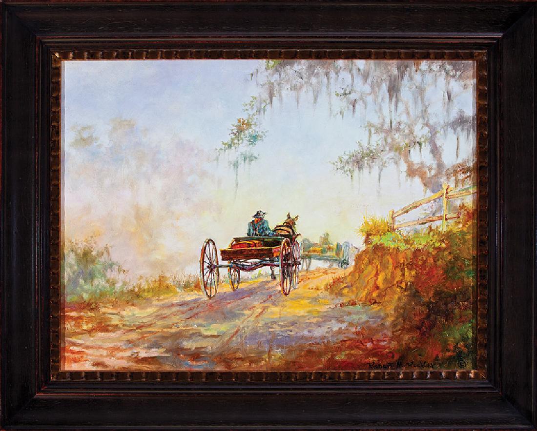 Robert Malcolm Rucker (American/Louisiana, 1932): Robert Malcolm Rucker (American/Louisiana, 1932-2001), "The Wagon Path", oil on canvas, signed lower right, 18 in. x 24 in., framed