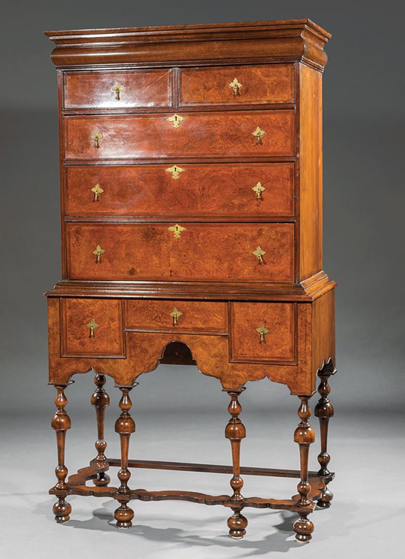 Walnut and Burled Chest-on-Stand: Antique William and Mary-Style Walnut and Burled Chest-on-Stand, flared cornice, bolection frieze drawer, two short over three long drawers, stand with three drawers, turned legs, shaped stretcher, bu