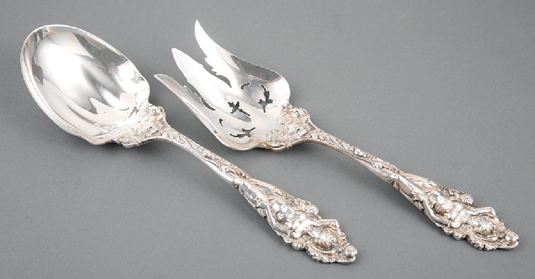 Reed & Barton Sterling Salad Serving Fork/Spoon: Reed & Barton "Love Disarmed" Pattern Sterling Silver Salad Serving Fork and Spoon, l. 10 1/2 in., wt. 15.20 troy ozs