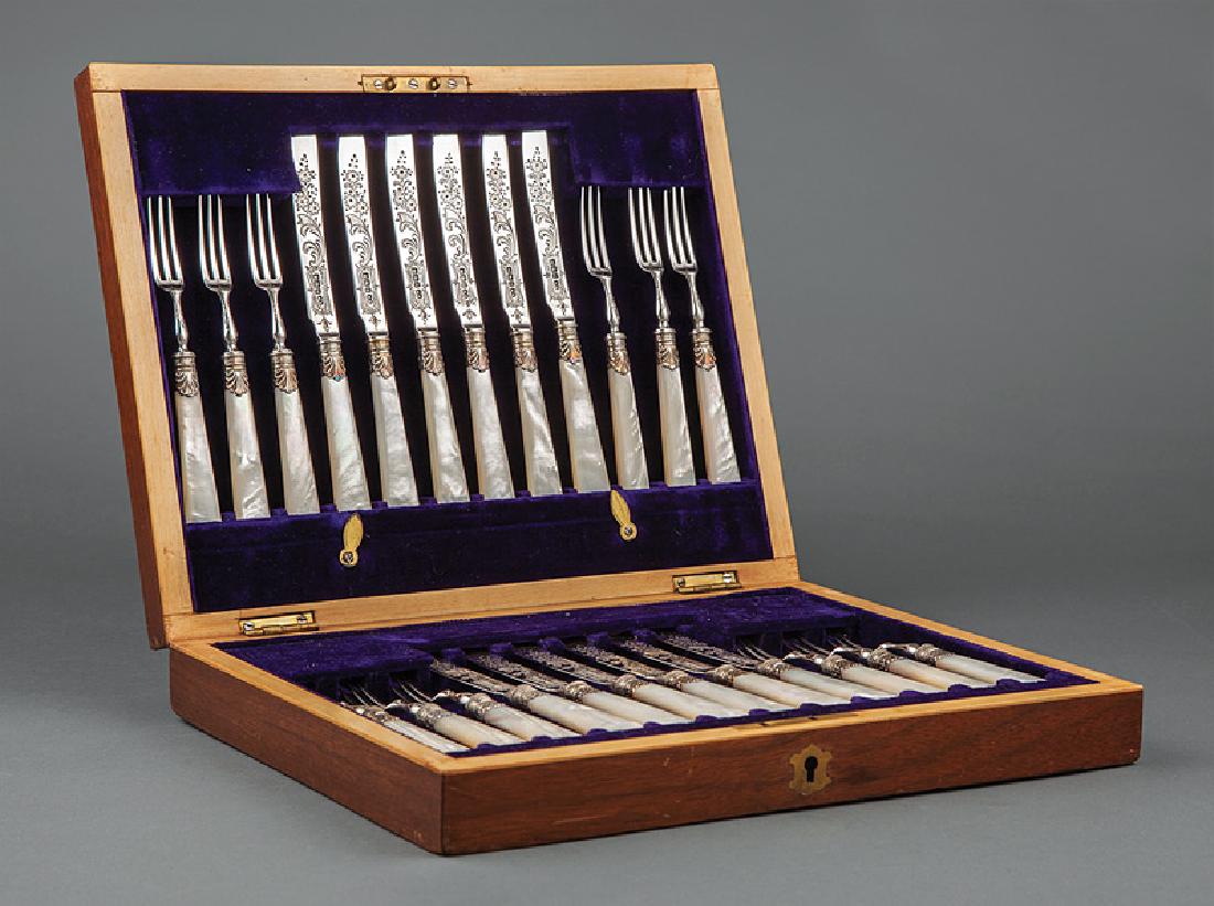 Sterling Silver, Mother-of-Pearl Dessert Service: Late Victorian Sterling Silver and Mother-of-Pearl Handled Dessert Service, Sheffield, 1899, maker WB untraced, incl. 12 forks and 12 knives, knife l. 7 1/4 in., in fitted mahogany case. (24 pcs.)