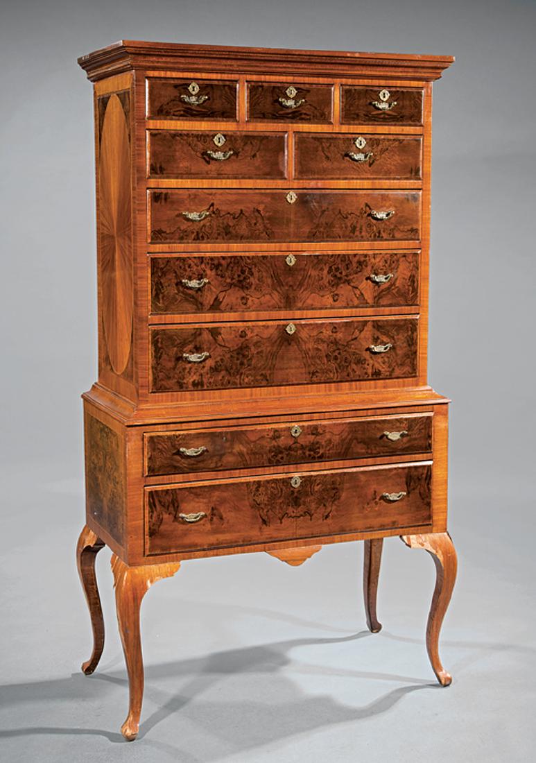 Inlaid and Burled Walnut Highboy: American or English Inlaid and Burled Walnut Highboy, 20th c., stepped cornice, upper case with configuration of short and long drawers, lower case with a fitted secretary drawer over one deep drawer,