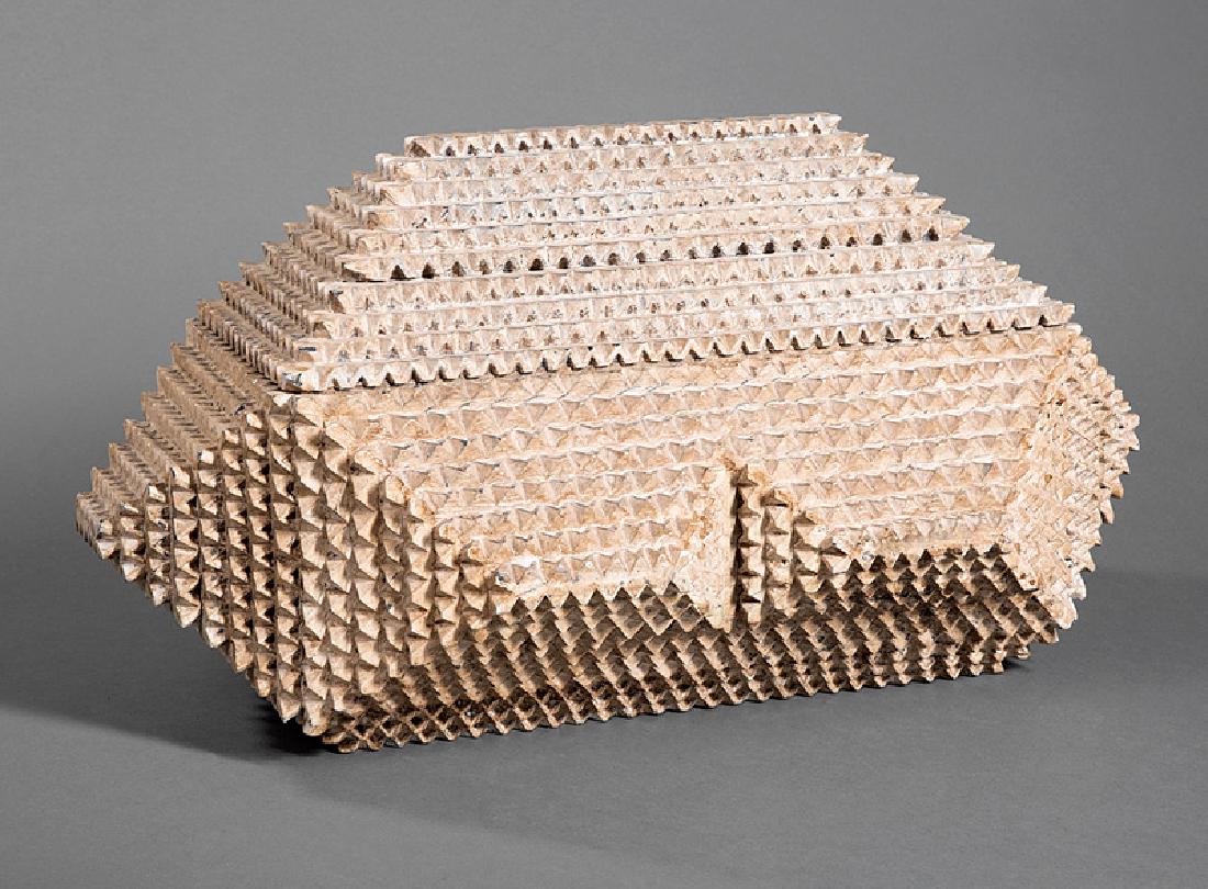 American Folk and Tramp Art Wood Covered Box: American Folk and Tramp Art Painted and Carved Wood Covered Storage Box, early 20th c., spiked chip-carved design throughout, h. 16 in., w. 29 1/2 in., d. 19 in