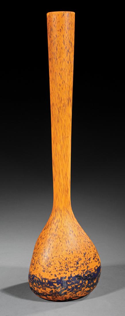 DeLatte Blown Glass Vase: DeLatte Blown Glass Vase, early 20th c., marked "DeLatte / Nancy", orange and mottled blue design, h. 21 1/4 in., dia. 5 1/2 in