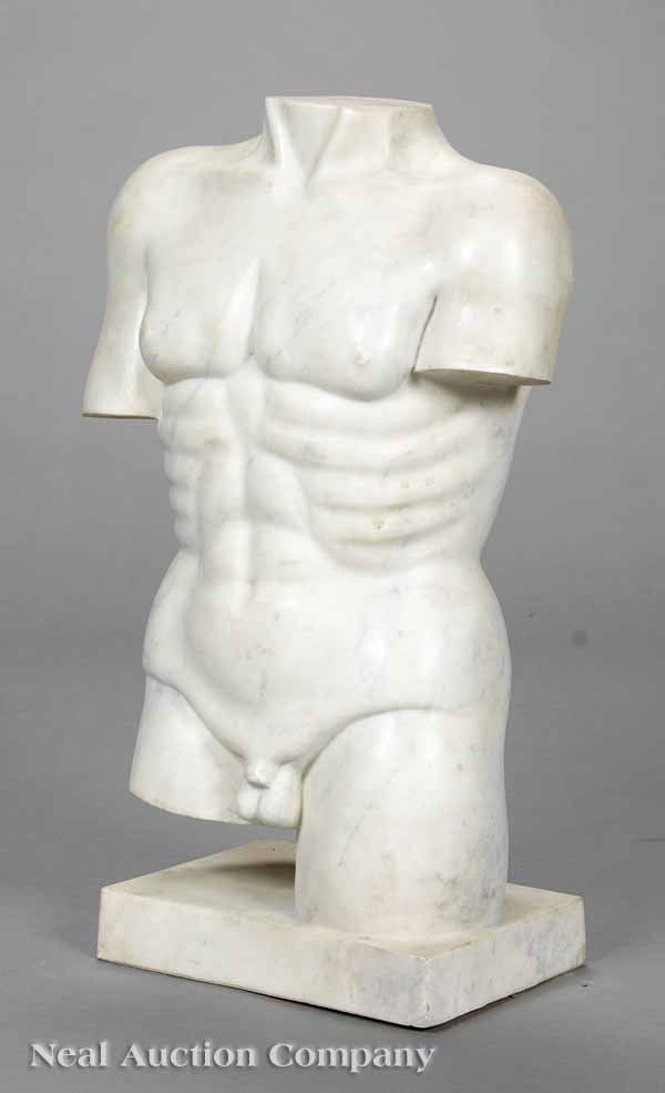 Marble Male Torso in the Style of Robert Graham: A White Marble Male Torso in the Style of Robert Graham (American, b. 1938) , the limbs and extremities decoratively truncated, with integral base , height 24 1/2 in., width 14 in., depth 8 1/2 in * N