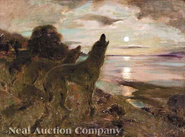 Arvid Mauritz Lindstrom, "Howling at the Moon": Arvid Mauritz Lindstrom (Swedish, 1849-1923) , "Howling at the Moon", oil on canvas, inscription lower right reads "A. M. Lindstom", 36 1/4 x 48 1/8 in * NO RETURNS ARE ACCEPTED ON THE BASIS OF CONDIT