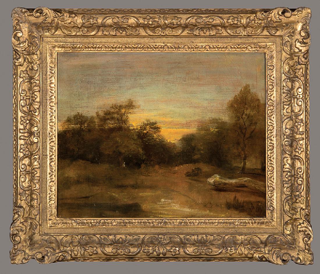 Manner of John Constable (British, 1776-1837): Manner of John Constable (British, 1776-1837), "Evening Scene - Hampstead", oil on canvas, unsigned, label inscribed "J. Constable, R.A./ Evening Scene - Hampstead" and titled on stretcher, 13 1/2 in.