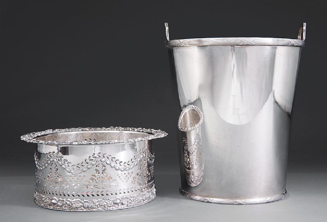 English Silverplate Jeroboam Wine Coaster: Rare Antique English Silverplate Jeroboam Wine Coaster, molded foliate scroll rims, reticulated gallery with molded husk garland, removable base liner, h. 4 3/8 in., dia. 10 in.; together with a neocl