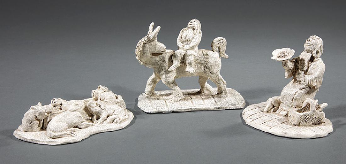 Steele Burden (American/Louisiana, 1900-1995): Steele Burden (American/Louisiana, 1900-1995), "The Hoss Peeper", "Seated Lady with a Banquet" and "Pigs at the Trough", 3 crackle glazed ceramics, each initialed on self-base, h. 1 1/2 in., w. 6 in.,