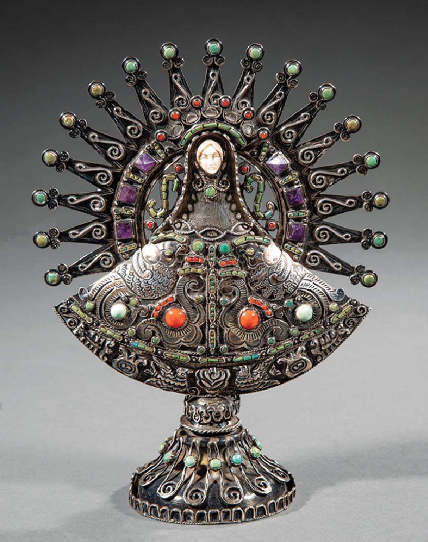 Mexican Sterling Silver and Jeweled Madonna, MATL: Mexican Sterling Silver and Jeweled Madonna, MATL (Matilde Poulat and Ricardo Salas), 8 in. x 6 in. Ref.: Morrill and Berk. Mexican Silver, pp. 216-221