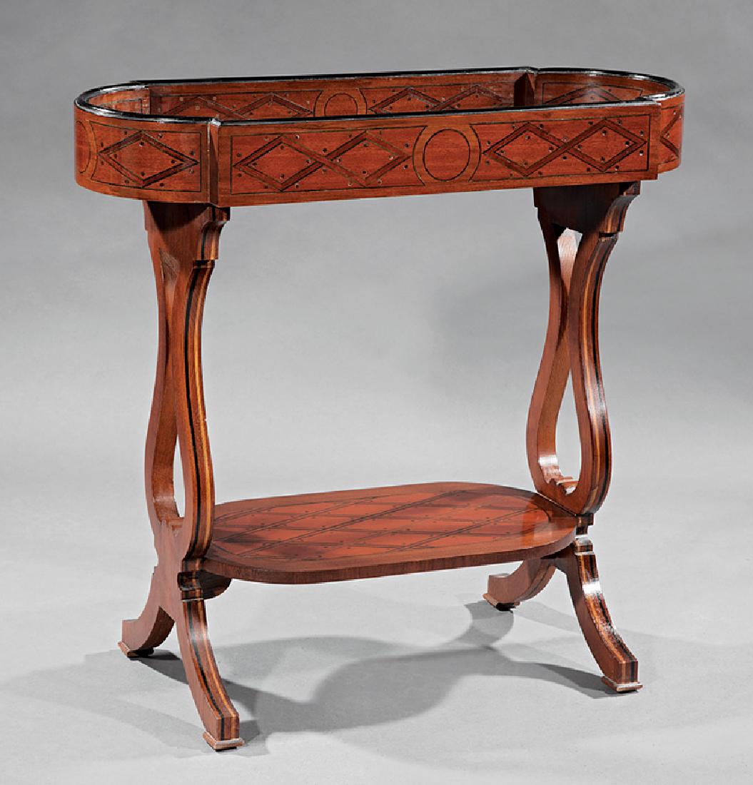 Parcel Ebonized Walnut Tricoteuse Table: Louis XVI-Style Parcel Ebonized Walnut Tricoteuse Table, 20th c., shaped tray top, lyre-form supports, stretcher shelf, trestle base, h. 33 1/2 in., w. 35 in., d. 15 in. Provenance: Williamson-LeBlanc
